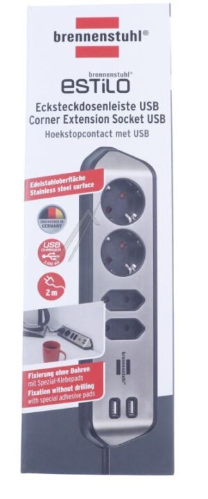 ESTILO 1153590410 WANDCONTACTDOOS MET USB LAADFUNCTIE 4-VOUDIG 2X AARDE,  2X EURO ZILVER/ ZWART,  2M,  H05VV-F 3G1,5